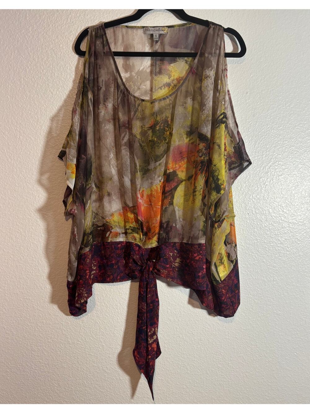 Figueroa & Flower Size XL Tie-Knot Abstract Watercolor Cold-Shoulder Sheer Top